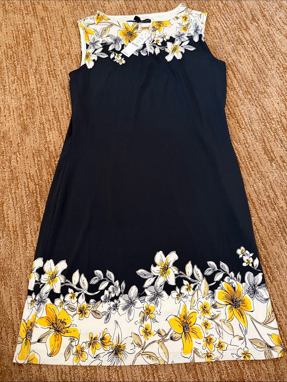 White House Black Market Navy Midi Dress with Yellow Floral Border